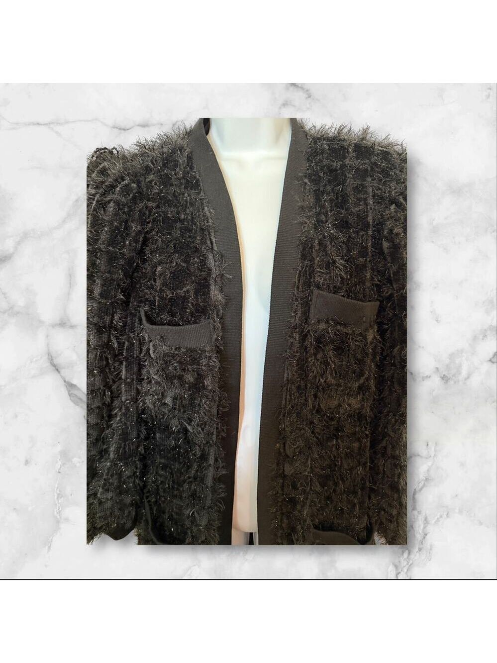 Sophie So & Colour House Black Textured Longline Coat with Pockets - Picture 2 of 12